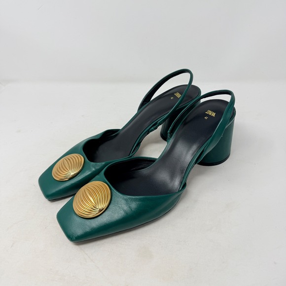 Zara Shoes - Zara Emerald Green Leather Slingback Block Heel Gold Shell Square Toe Pumps 41